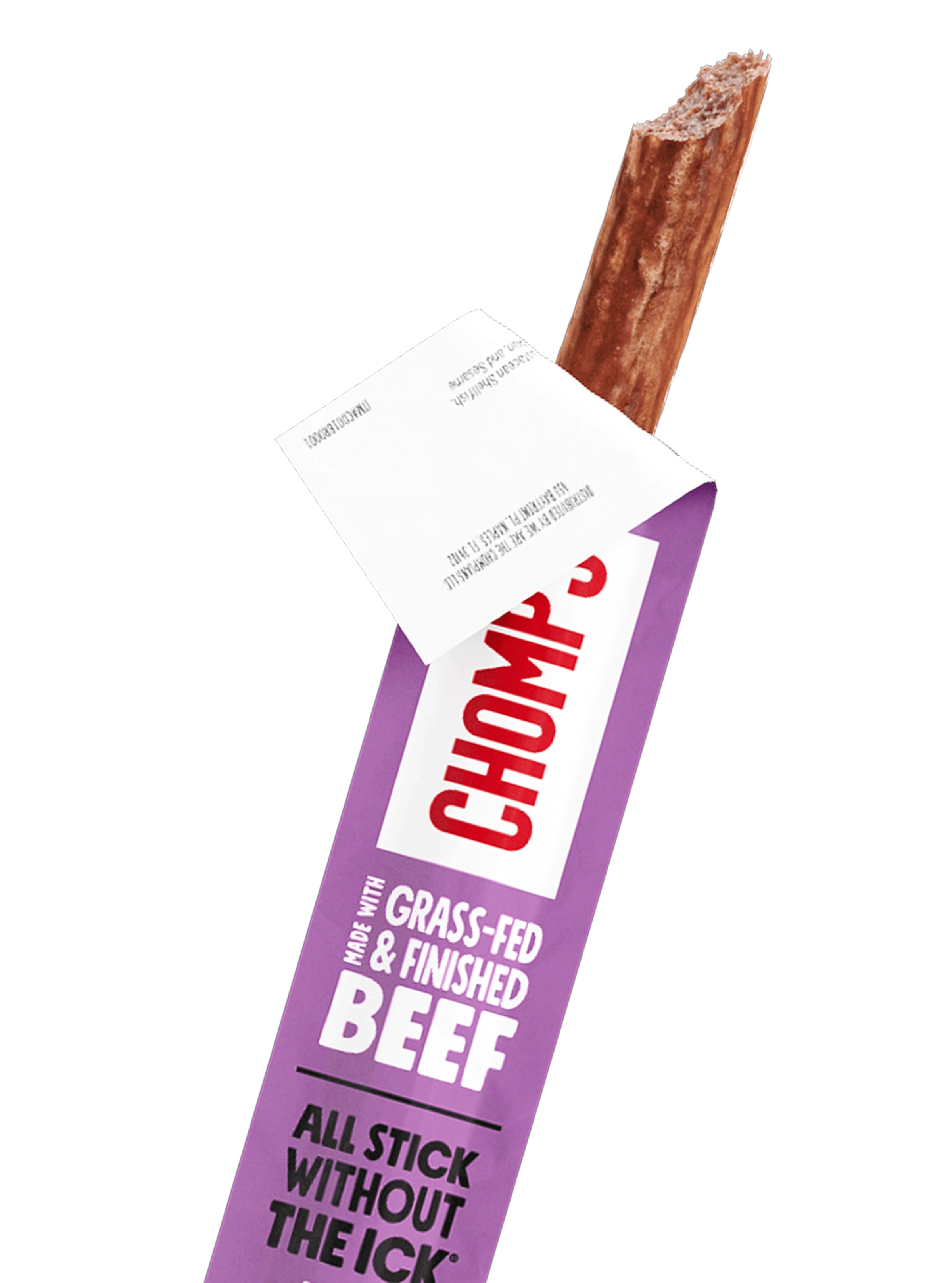 A single Chomps Taco seasoned beef stick snack partially pulled from its purple wrapper