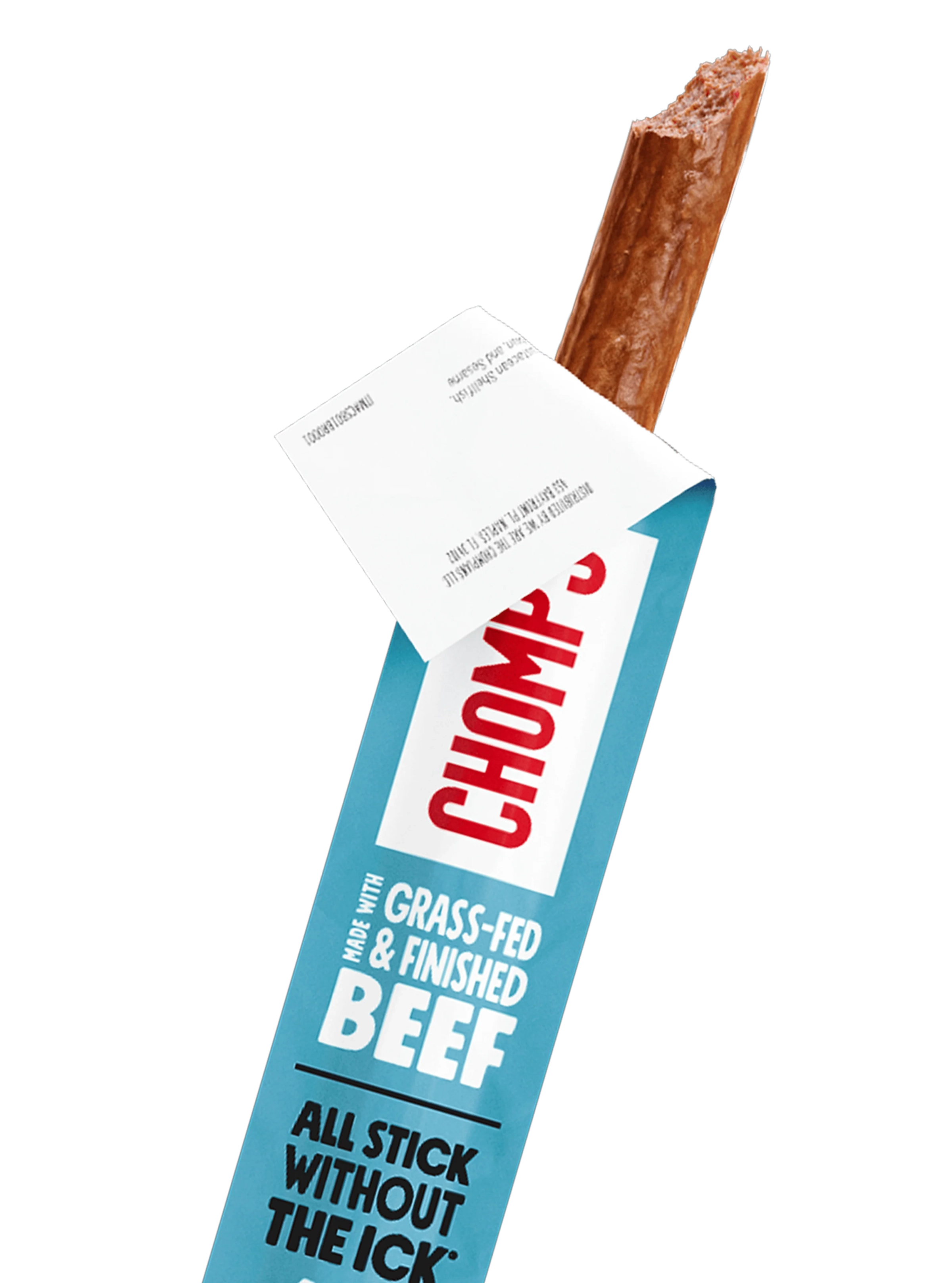 A Chomps sea salt beef stick pulled from its blue and white wrapper