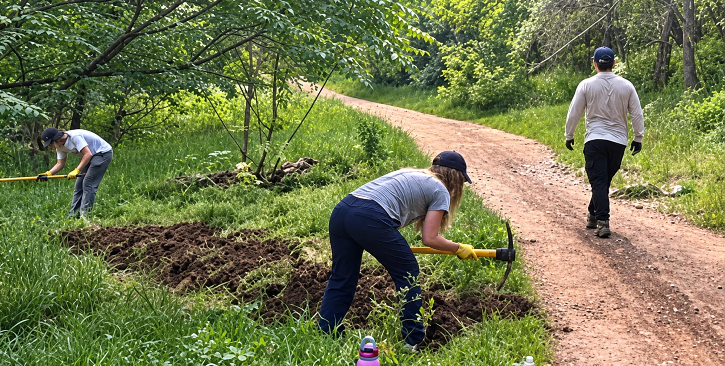 Three Chomps Employees outdoors on a dirt path in a wooded area, with one person digging a hole in the grass while another walks away and a third person works on the left.